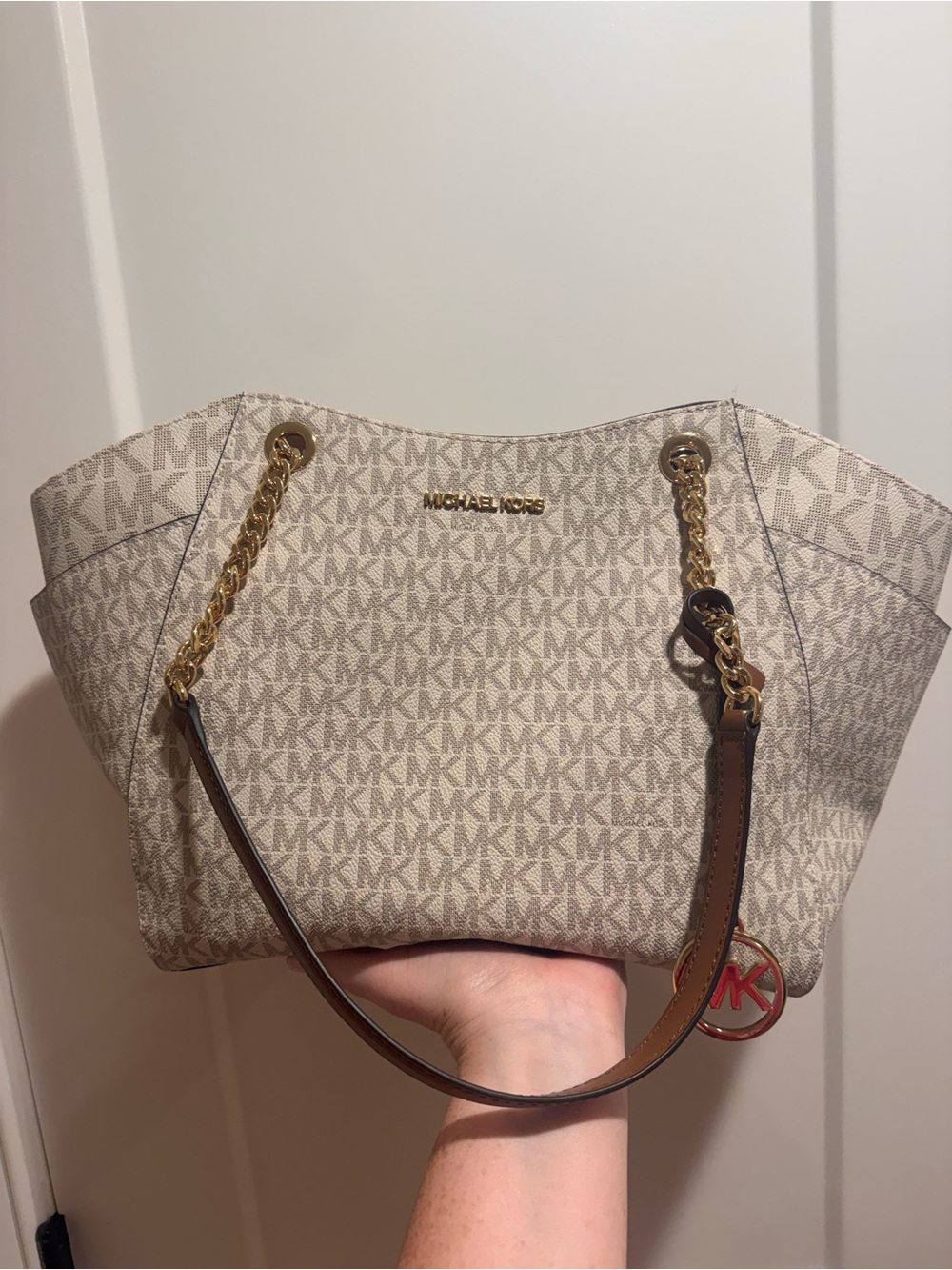 Michael Kors Cream Logo Shoulder Bag with Gold Hardware